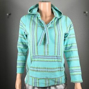 Original Senor Lopez Baja Hoodie Turquoise Blue Striped Mexican Pullover Small
